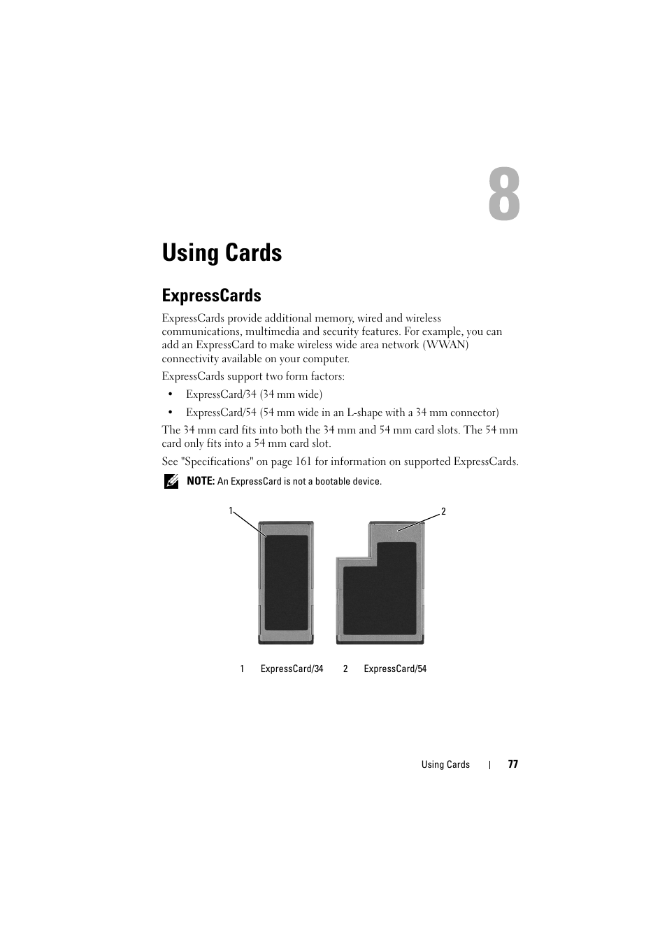 Using cards, Expresscards | Dell Inspiron 1526 (Late 2007) User Manual | Page 77 / 206