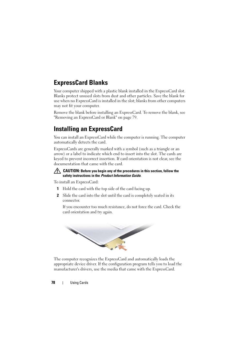 Expresscard blanks, Installing an expresscard | Dell Inspiron 1526 (Late 2007) User Manual | Page 78 / 206