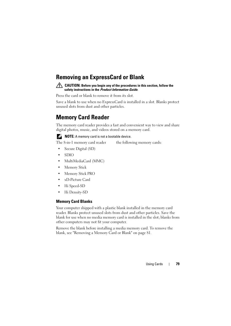 Removing an expresscard or blank, Memory card reader, Memory card blanks | Dell Inspiron 1526 (Late 2007) User Manual | Page 79 / 206