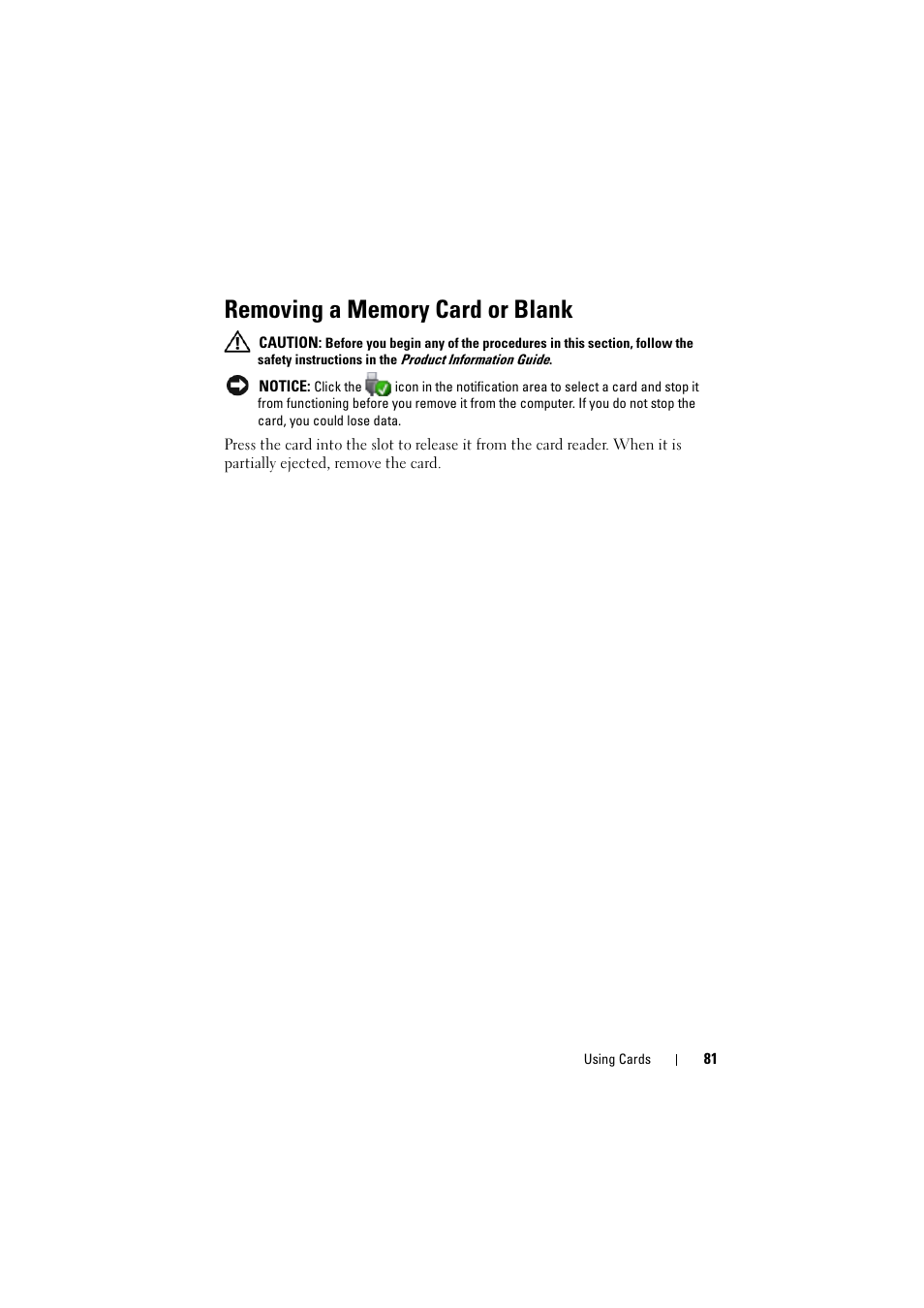 Removing a memory card or blank | Dell Inspiron 1526 (Late 2007) User Manual | Page 81 / 206