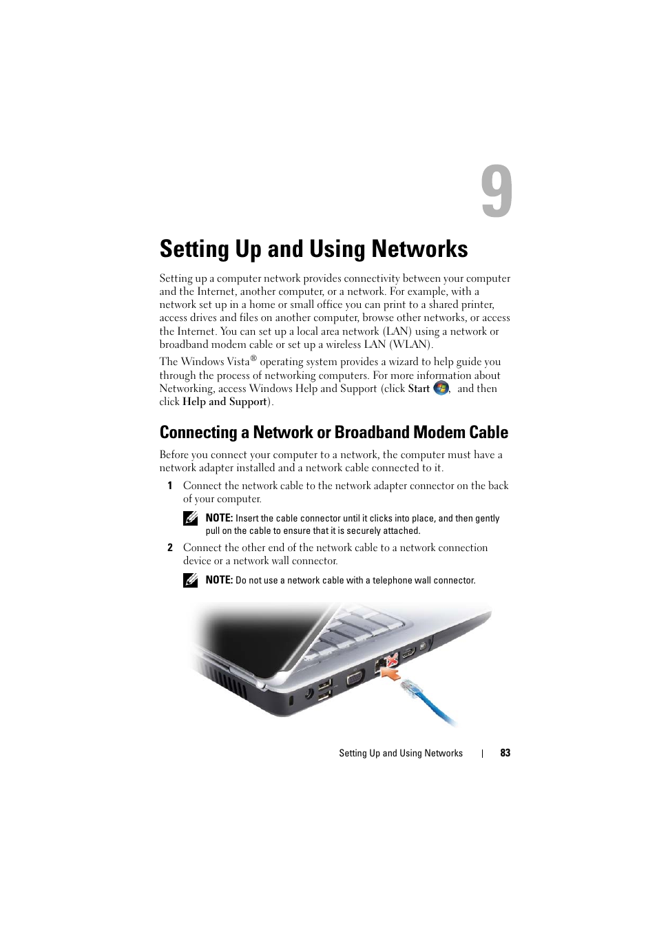 Setting up and using networks, Connecting a network or broadband modem cable | Dell Inspiron 1526 (Late 2007) User Manual | Page 83 / 206