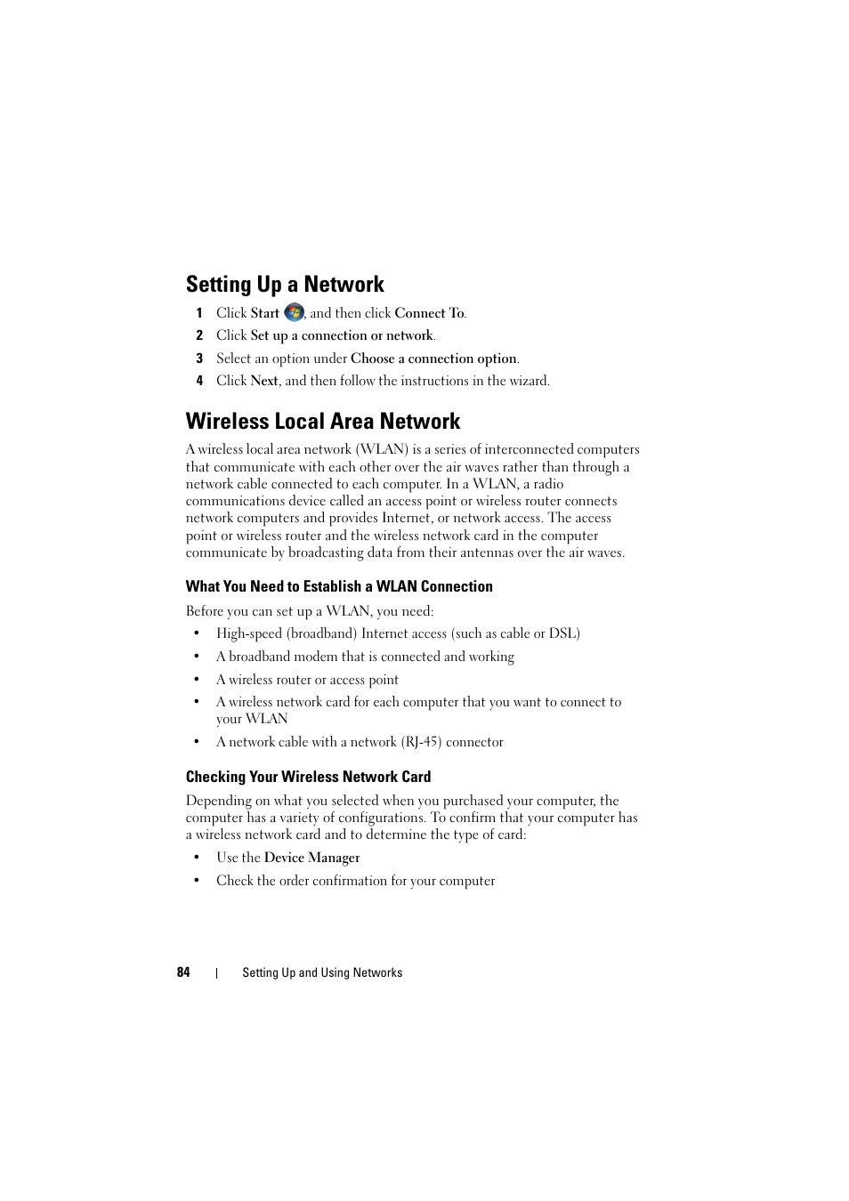 Setting up a network, Wireless local area network, What you need to establish a wlan connection | Checking your wireless network card | Dell Inspiron 1526 (Late 2007) User Manual | Page 84 / 206