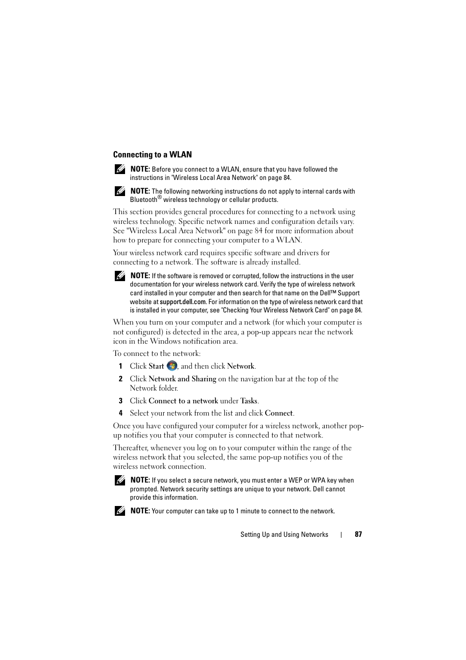 Connecting to a wlan | Dell Inspiron 1526 (Late 2007) User Manual | Page 87 / 206