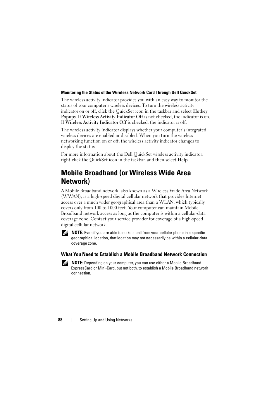 Mobile broadband (or wireless wide area network) | Dell Inspiron 1526 (Late 2007) User Manual | Page 88 / 206
