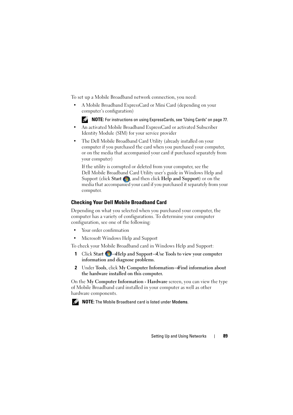 Checking your dell mobile broadband card | Dell Inspiron 1526 (Late 2007) User Manual | Page 89 / 206