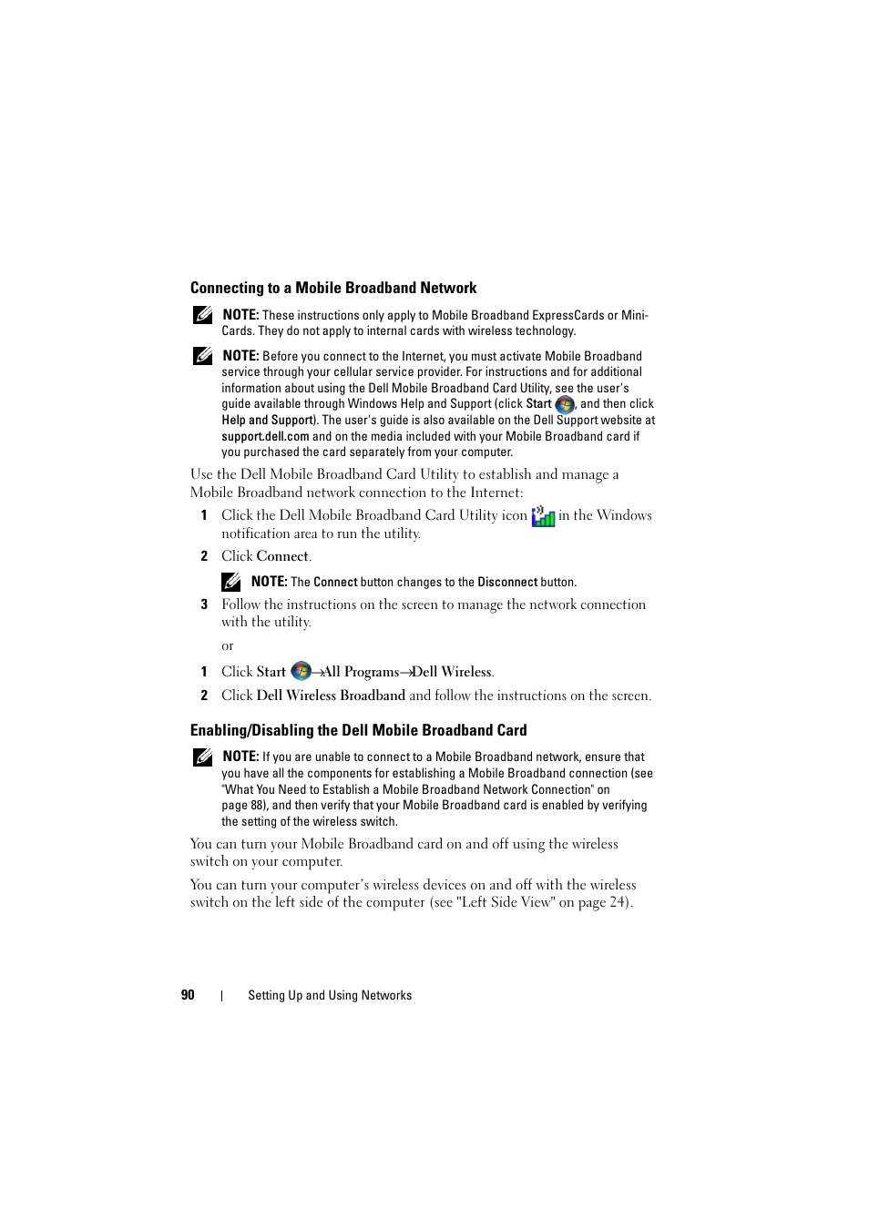 Connecting to a mobile broadband network, Enabling/disabling the dell mobile broadband card | Dell Inspiron 1526 (Late 2007) User Manual | Page 90 / 206
