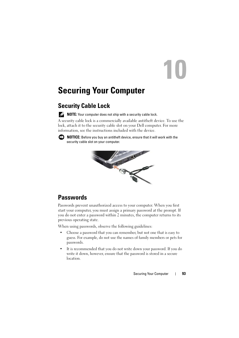 Securing your computer, Security cable lock, Passwords | Dell Inspiron 1526 (Late 2007) User Manual | Page 93 / 206