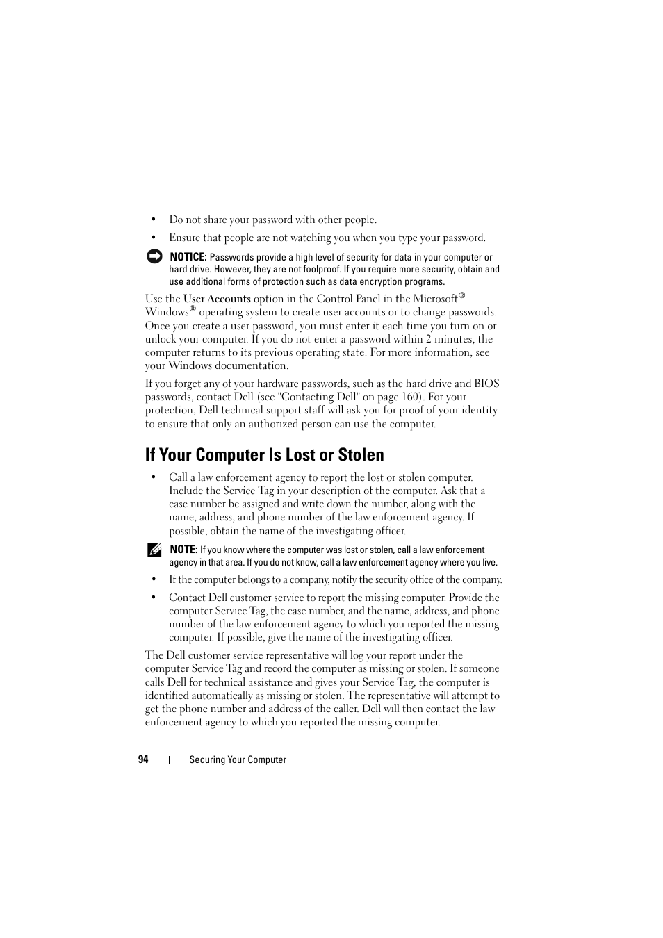 If your computer is lost or stolen | Dell Inspiron 1526 (Late 2007) User Manual | Page 94 / 206