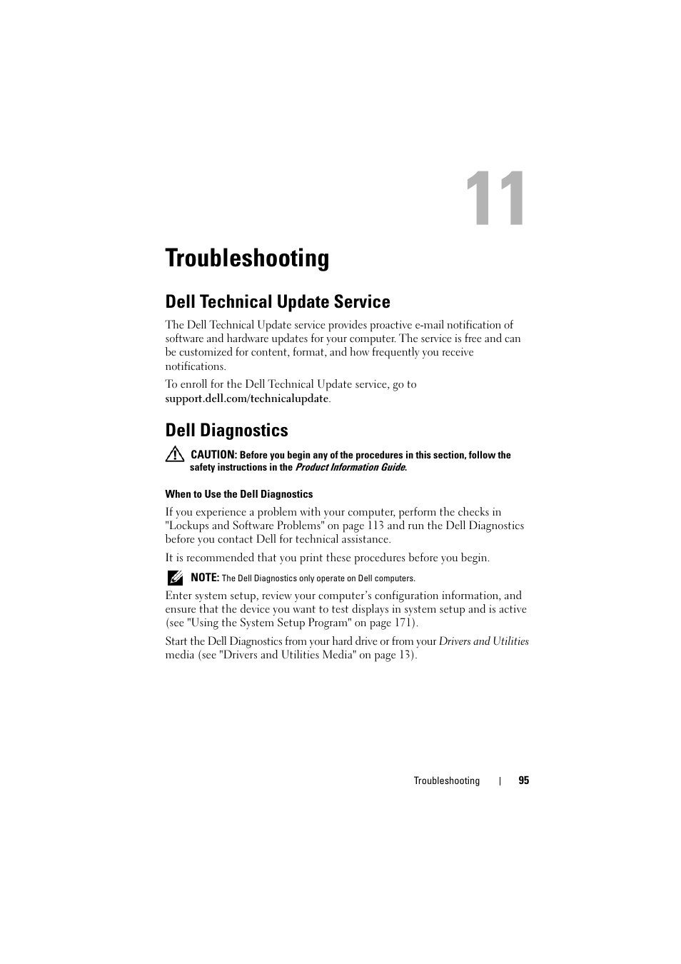 Troubleshooting, Dell technical update service, Dell diagnostics | Dell Inspiron 1526 (Late 2007) User Manual | Page 97 / 206