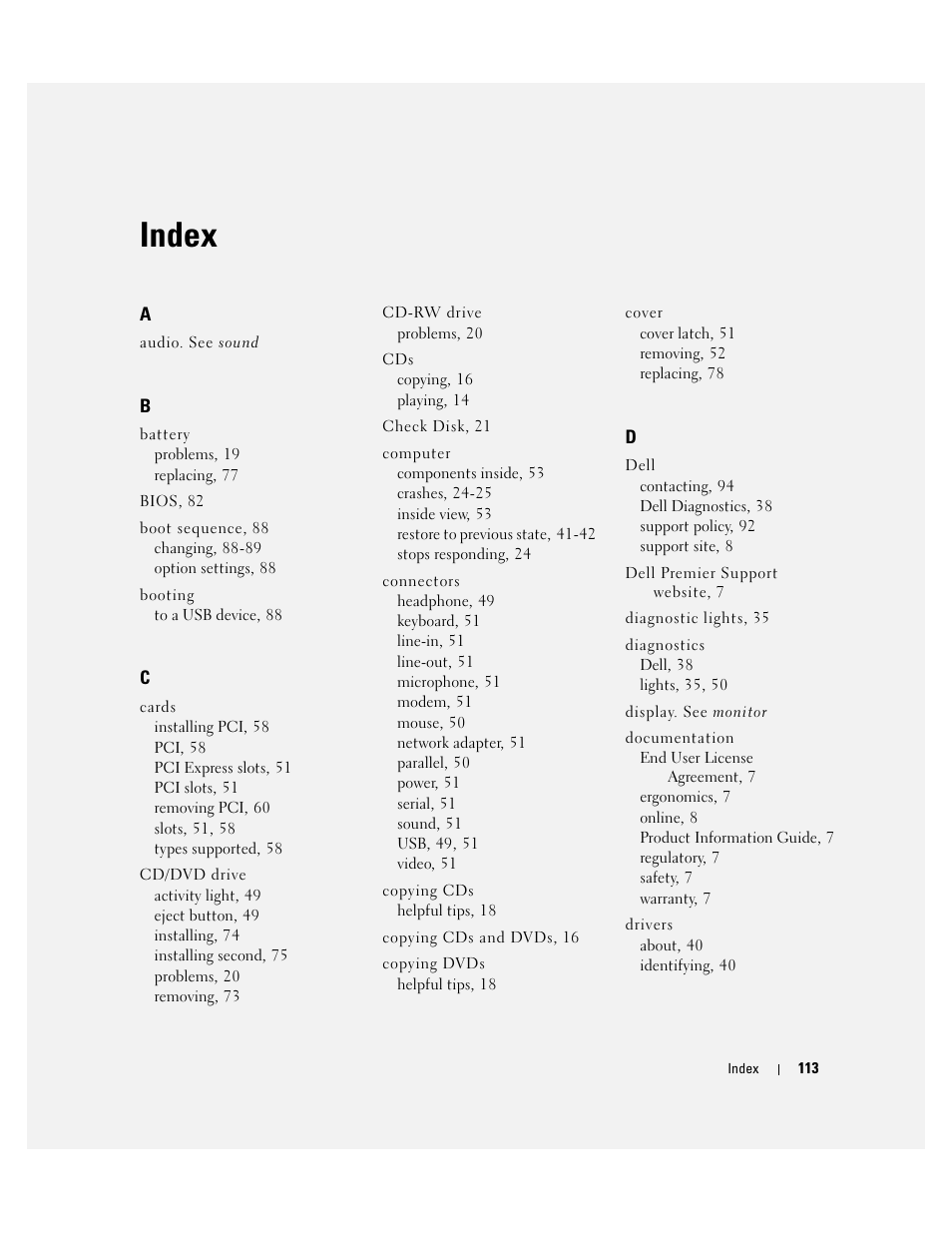 Index | Dell Dimension 1100/B110 User Manual | Page 113 / 116