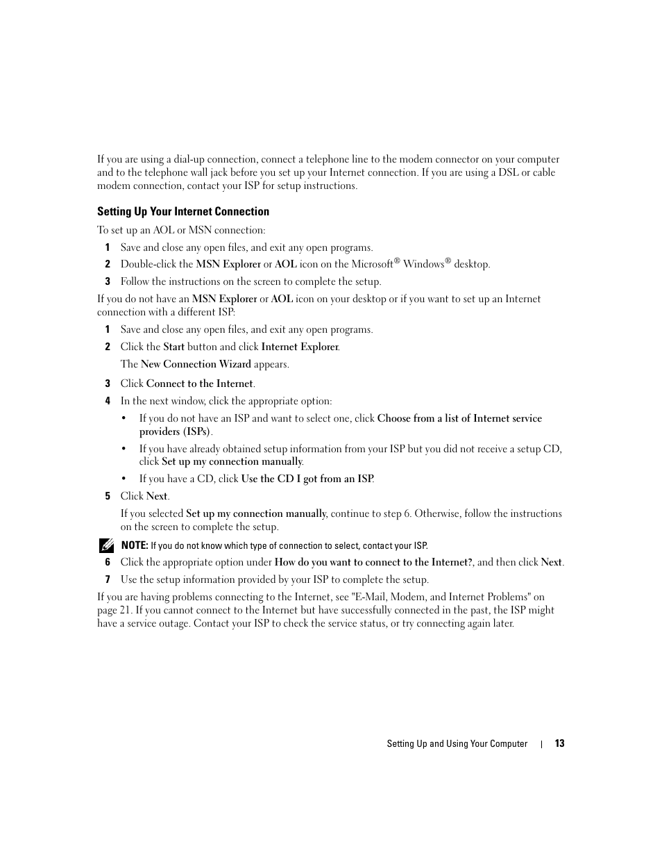 Setting up your internet connection | Dell Dimension 1100/B110 User Manual | Page 13 / 116