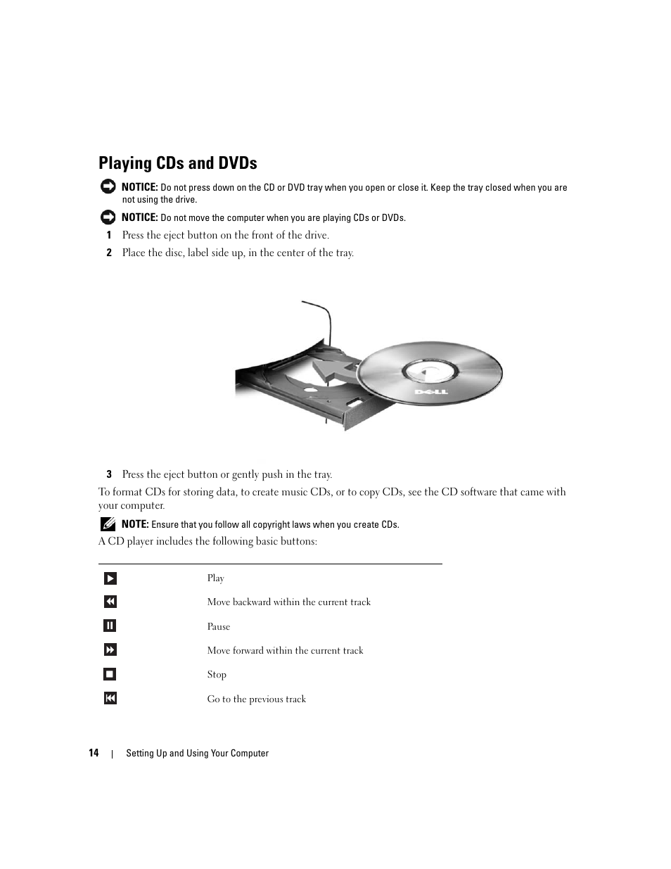 Playing cds and dvds | Dell Dimension 1100/B110 User Manual | Page 14 / 116