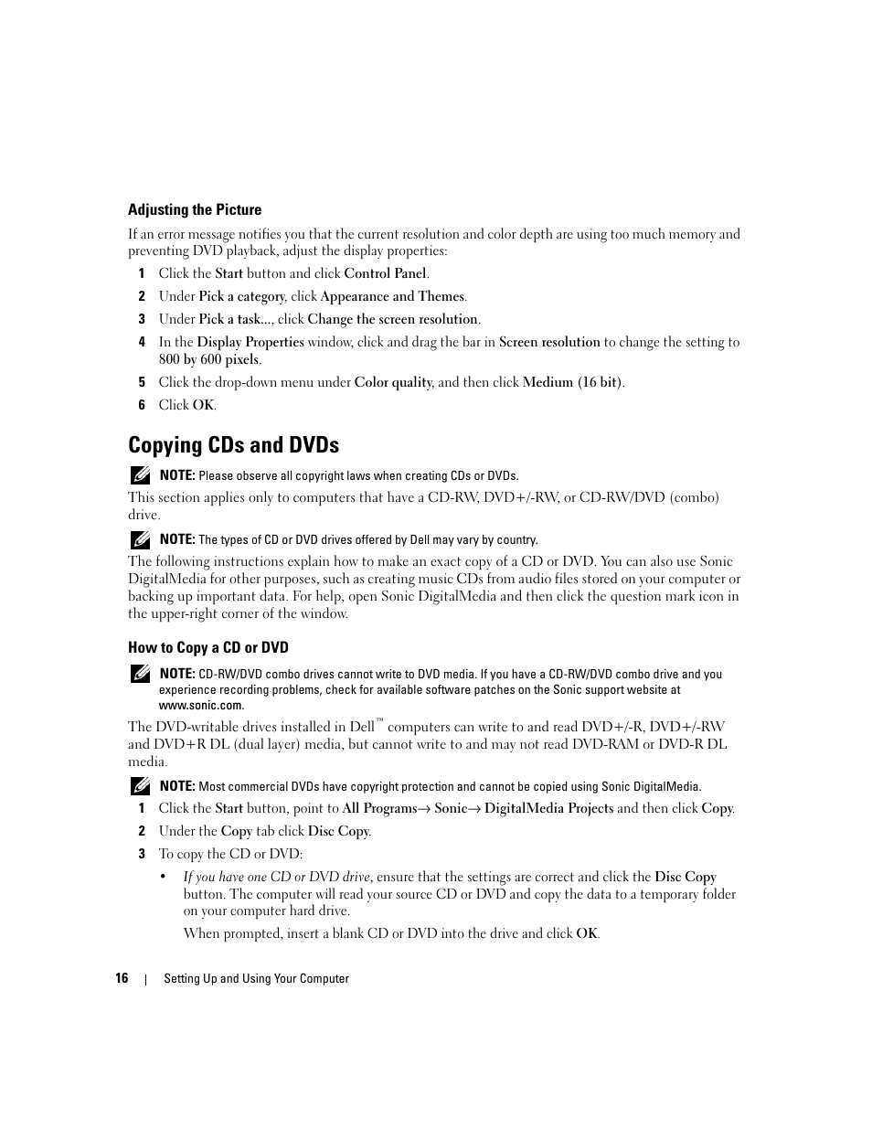 Adjusting the picture, Copying cds and dvds, How to copy a cd or dvd | Dell Dimension 1100/B110 User Manual | Page 16 / 116