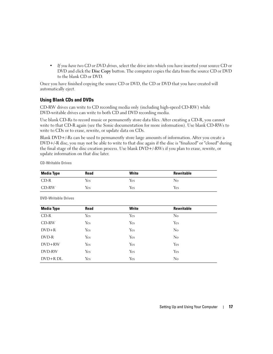 Using blank cds and dvds | Dell Dimension 1100/B110 User Manual | Page 17 / 116