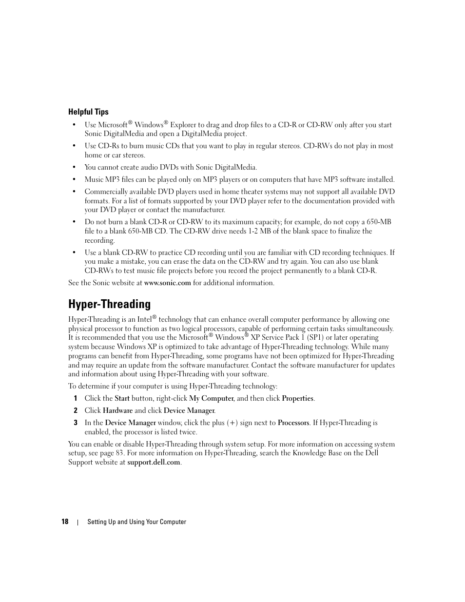 Helpful tips, Hyper-threading | Dell Dimension 1100/B110 User Manual | Page 18 / 116