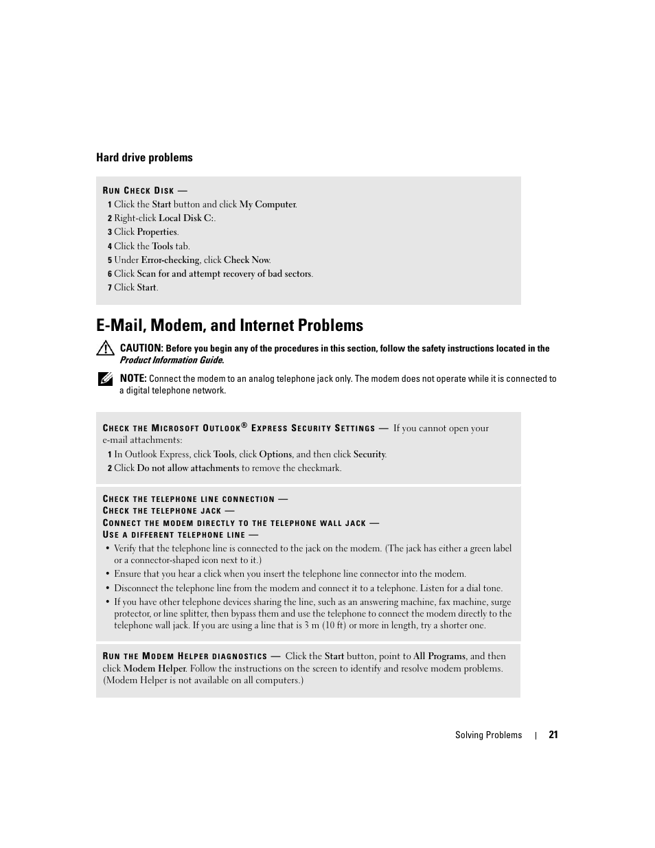 Hard drive problems, E-mail, modem, and internet problems | Dell Dimension 1100/B110 User Manual | Page 21 / 116