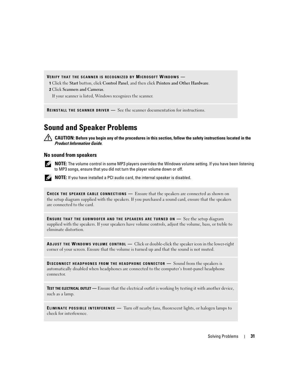 Sound and speaker problems, No sound from speakers | Dell Dimension 1100/B110 User Manual | Page 31 / 116