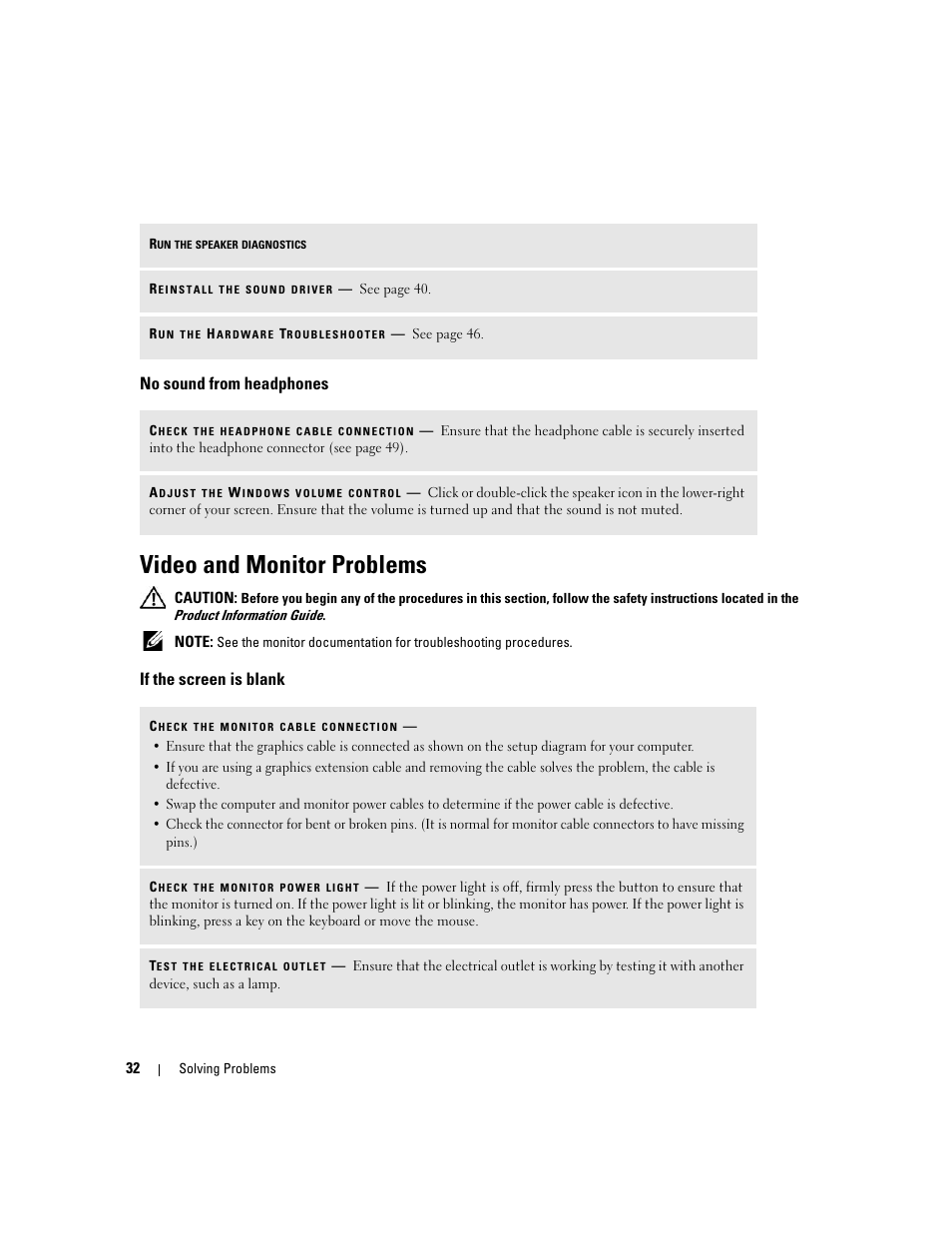 No sound from headphones, Video and monitor problems, If the screen is blank | Dell Dimension 1100/B110 User Manual | Page 32 / 116