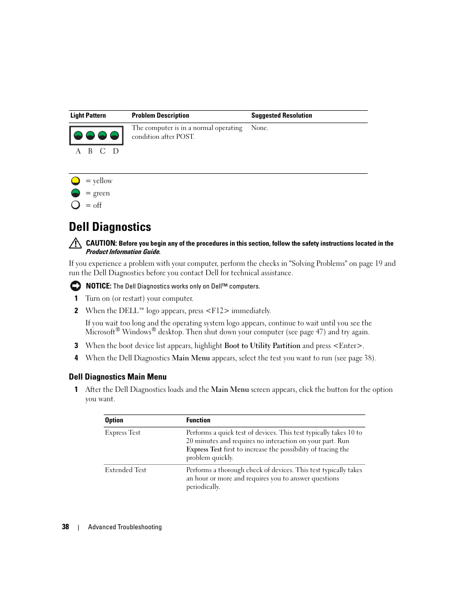 Dell diagnostics, Dell diagnostics main menu | Dell Dimension 1100/B110 User Manual | Page 38 / 116