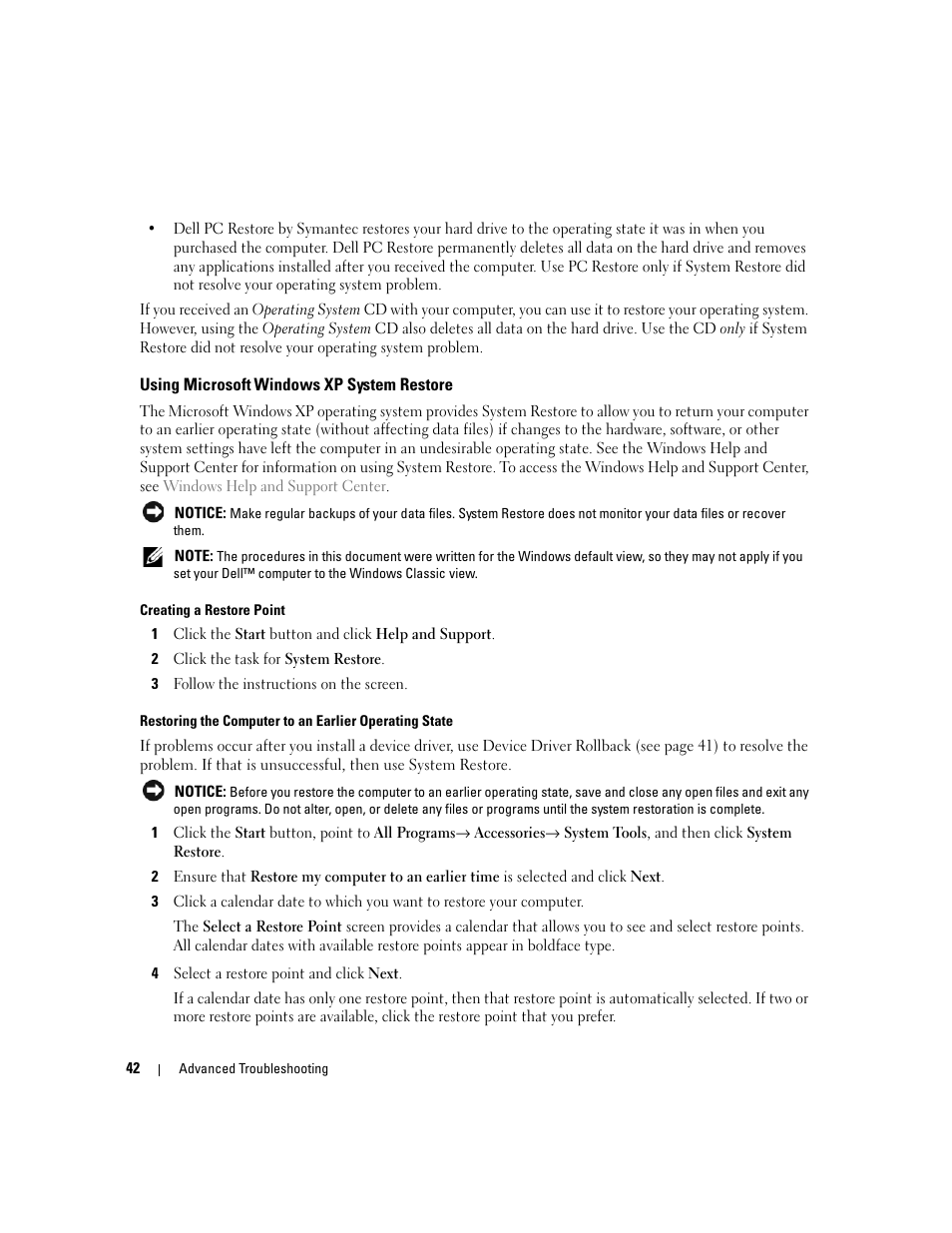 Using microsoft windows xp system restore, Using microsoft | Dell Dimension 1100/B110 User Manual | Page 42 / 116