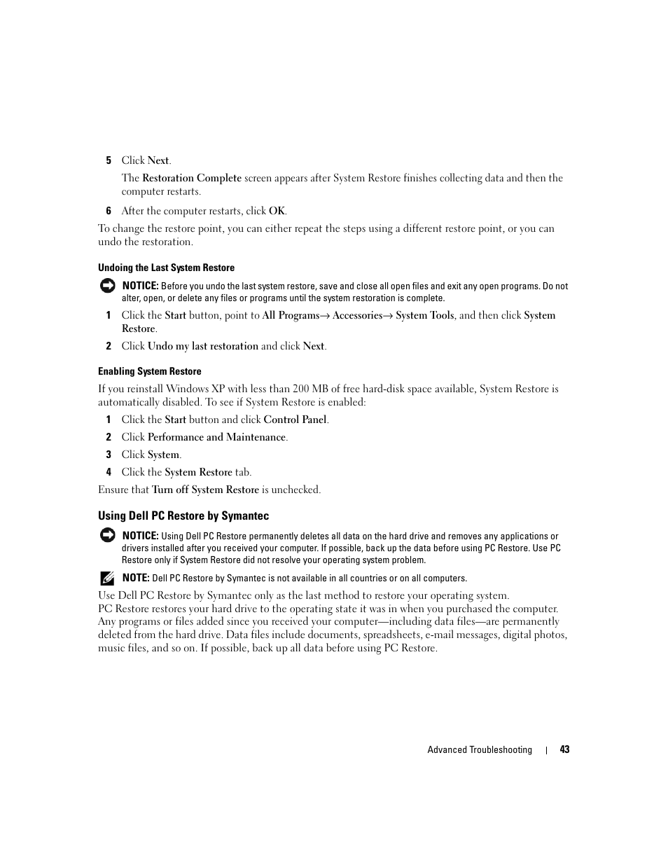 Using dell pc restore by symantec | Dell Dimension 1100/B110 User Manual | Page 43 / 116