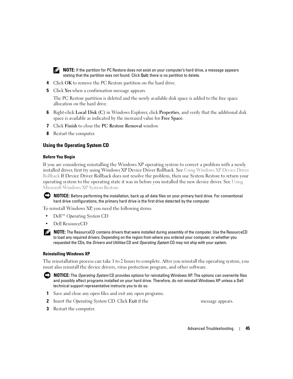 Using the operating system cd | Dell Dimension 1100/B110 User Manual | Page 45 / 116