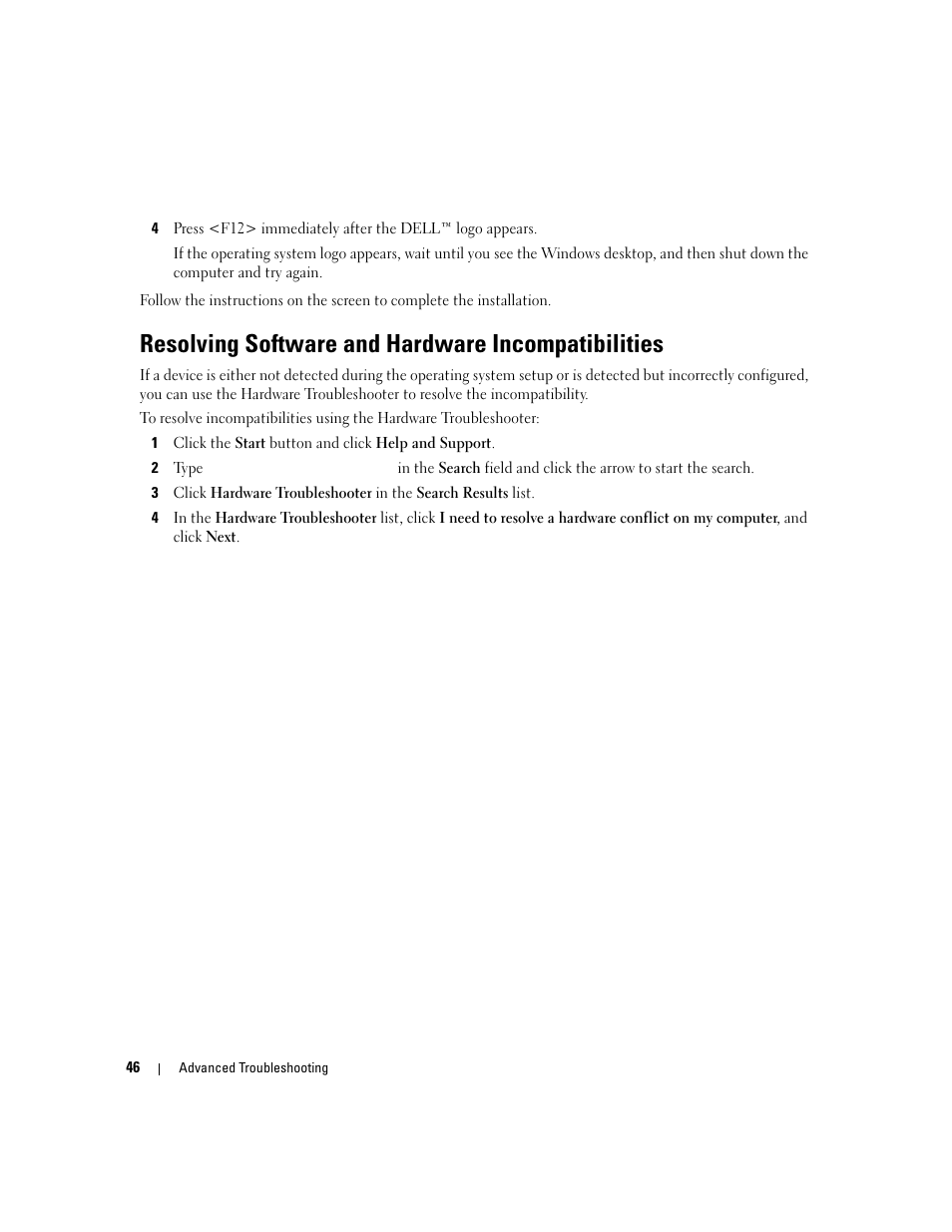 Resolving software and hardware incompatibilities | Dell Dimension 1100/B110 User Manual | Page 46 / 116
