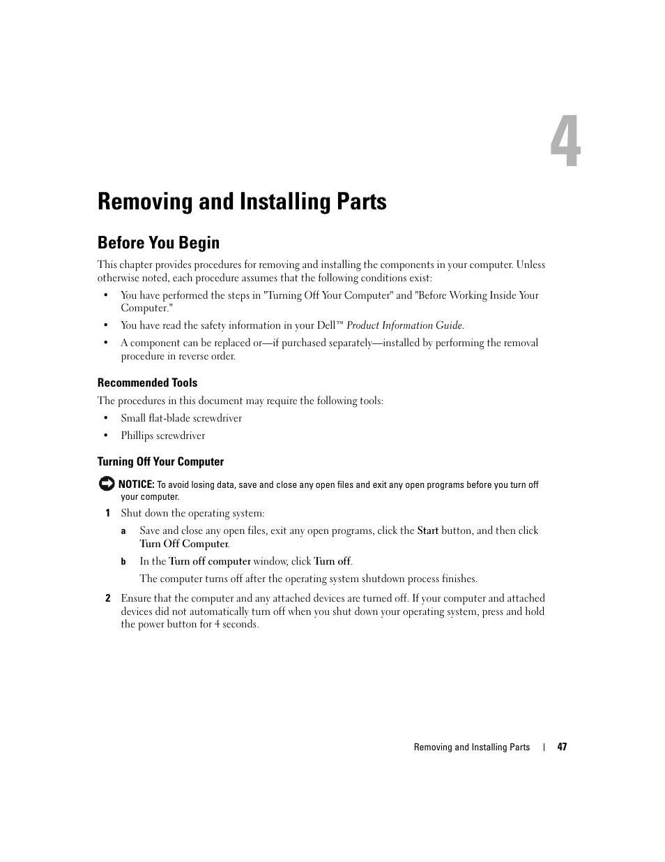 Removing and installing parts, Before you begin, Recommended tools | Turning off your computer | Dell Dimension 1100/B110 User Manual | Page 47 / 116