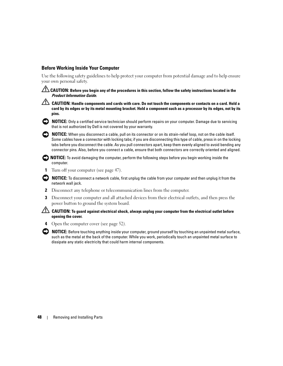 Before working inside your computer | Dell Dimension 1100/B110 User Manual | Page 48 / 116