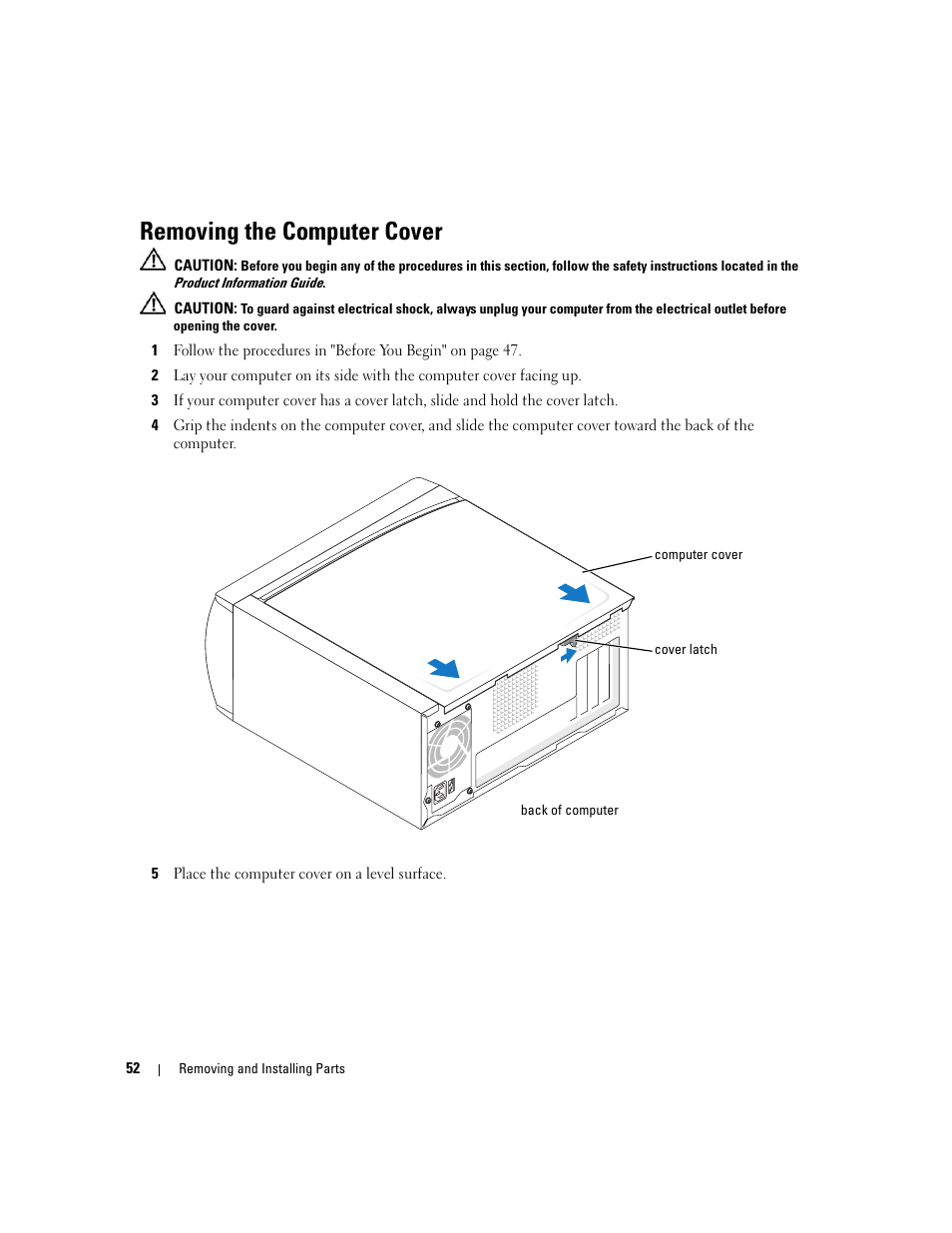 Removing the computer cover | Dell Dimension 1100/B110 User Manual | Page 52 / 116