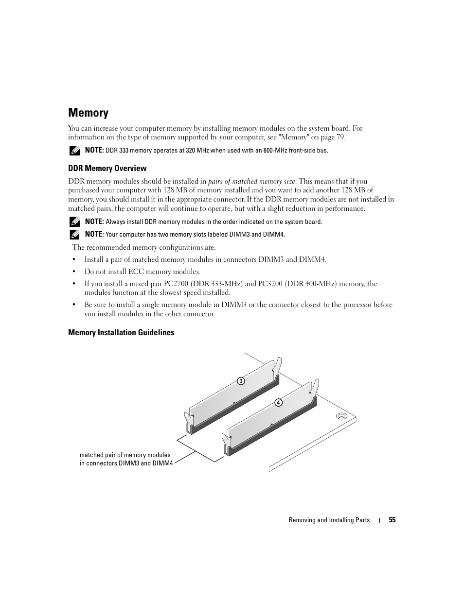 Memory, Ddr memory overview, Memory installation guidelines | Dell Dimension 1100/B110 User Manual | Page 55 / 116