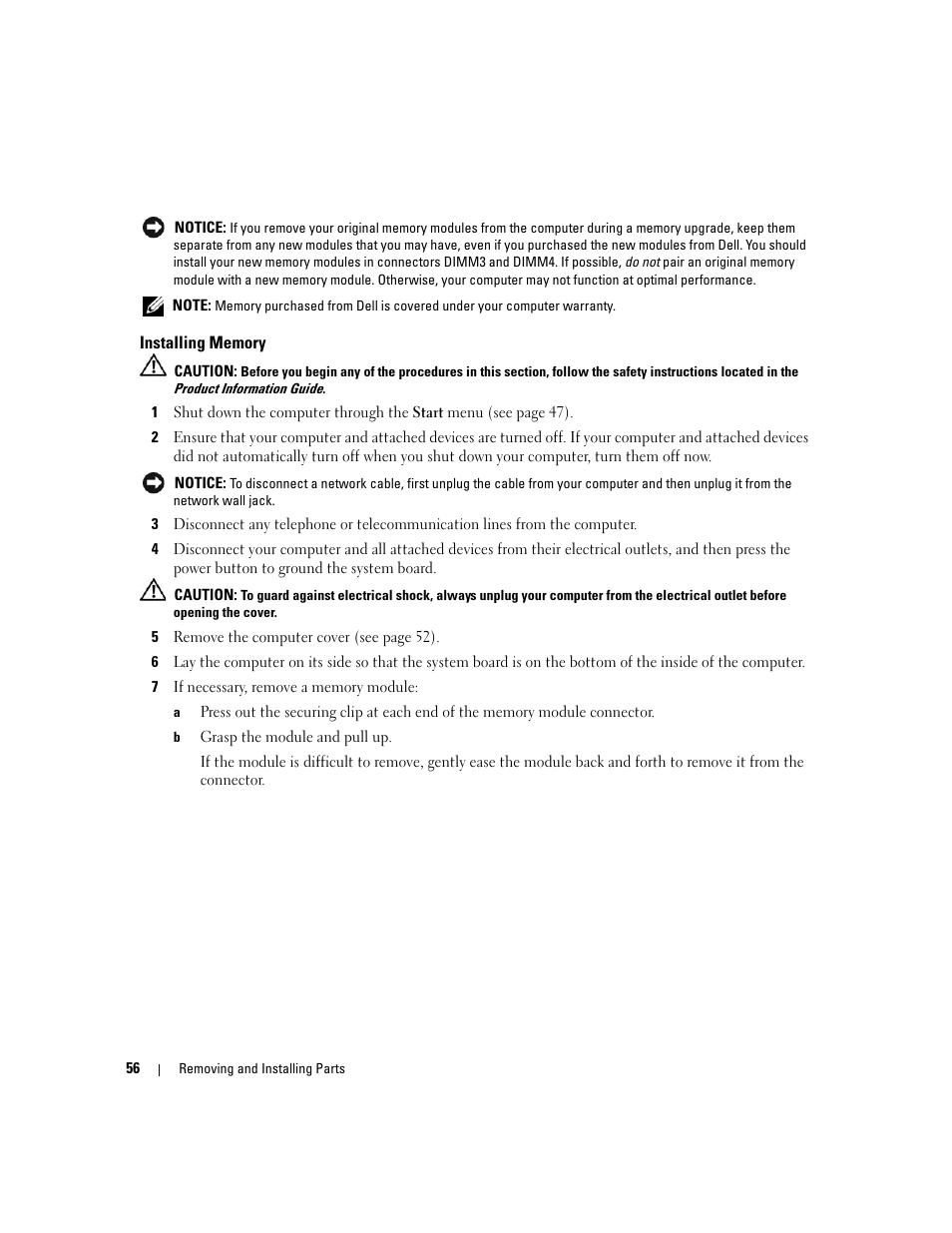 Installing memory | Dell Dimension 1100/B110 User Manual | Page 56 / 116