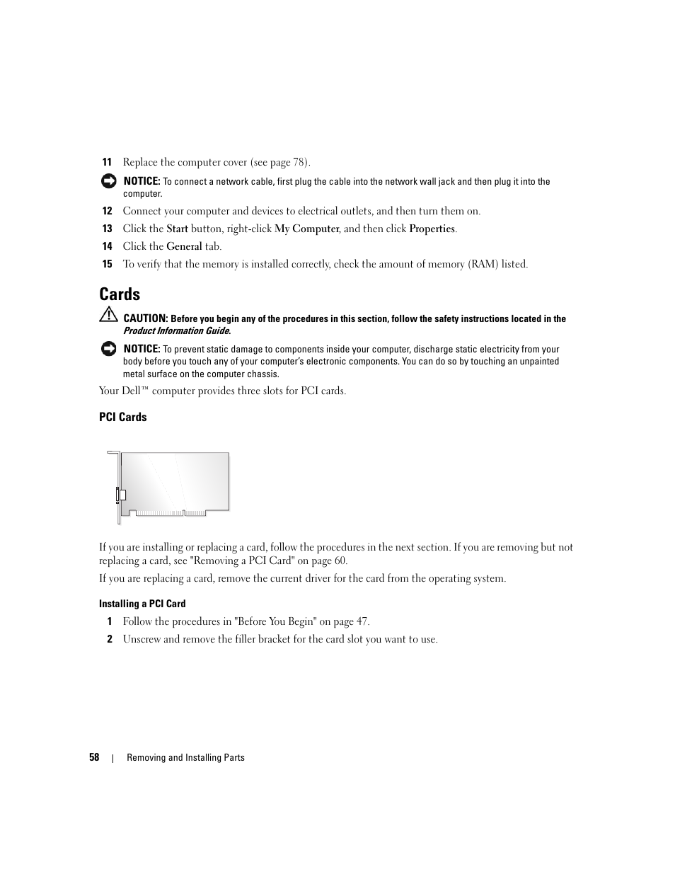 Cards, Pci cards | Dell Dimension 1100/B110 User Manual | Page 58 / 116