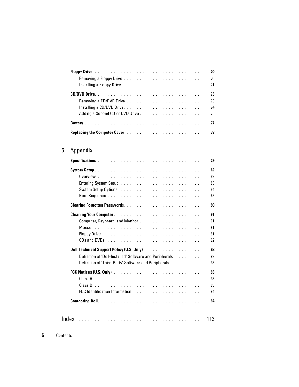 5appendix, Index | Dell Dimension 1100/B110 User Manual | Page 6 / 116