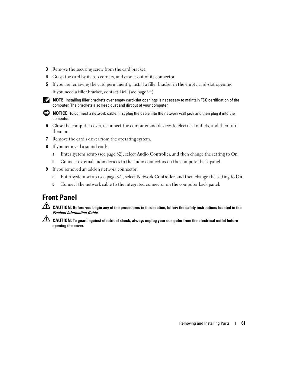 Front panel | Dell Dimension 1100/B110 User Manual | Page 61 / 116