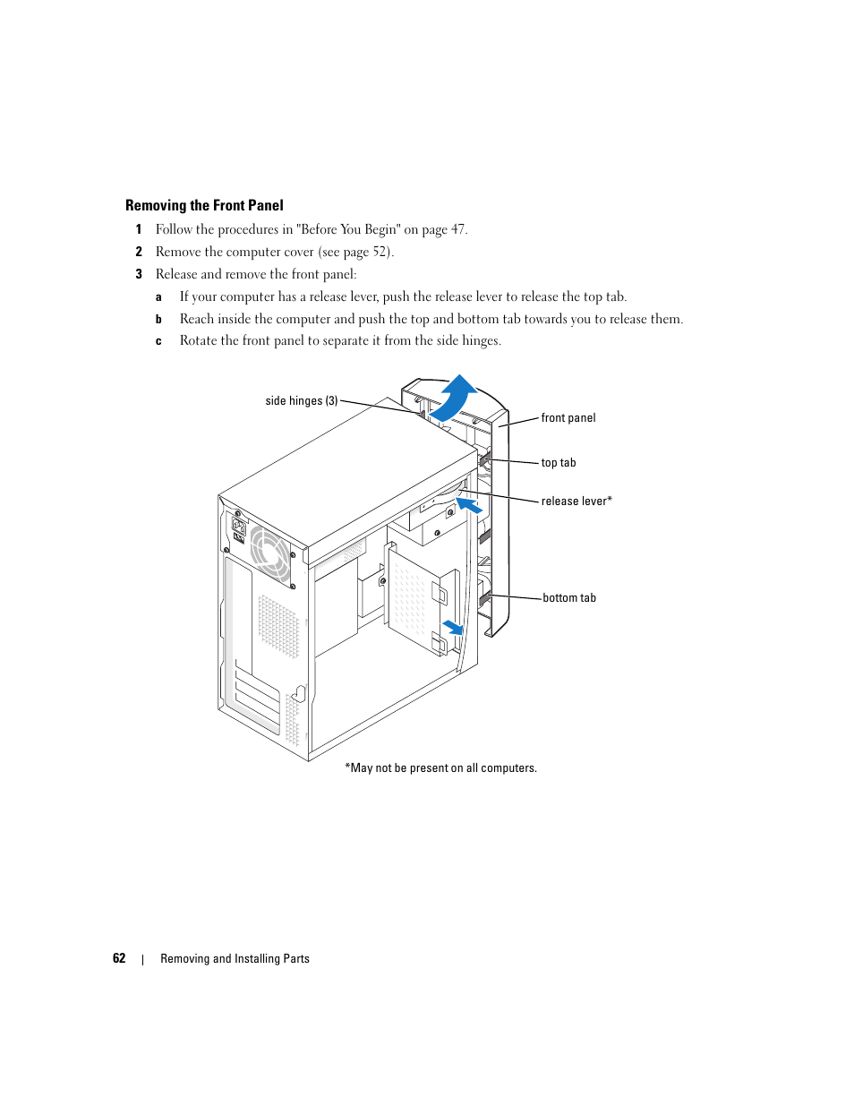 Removing the front panel | Dell Dimension 1100/B110 User Manual | Page 62 / 116