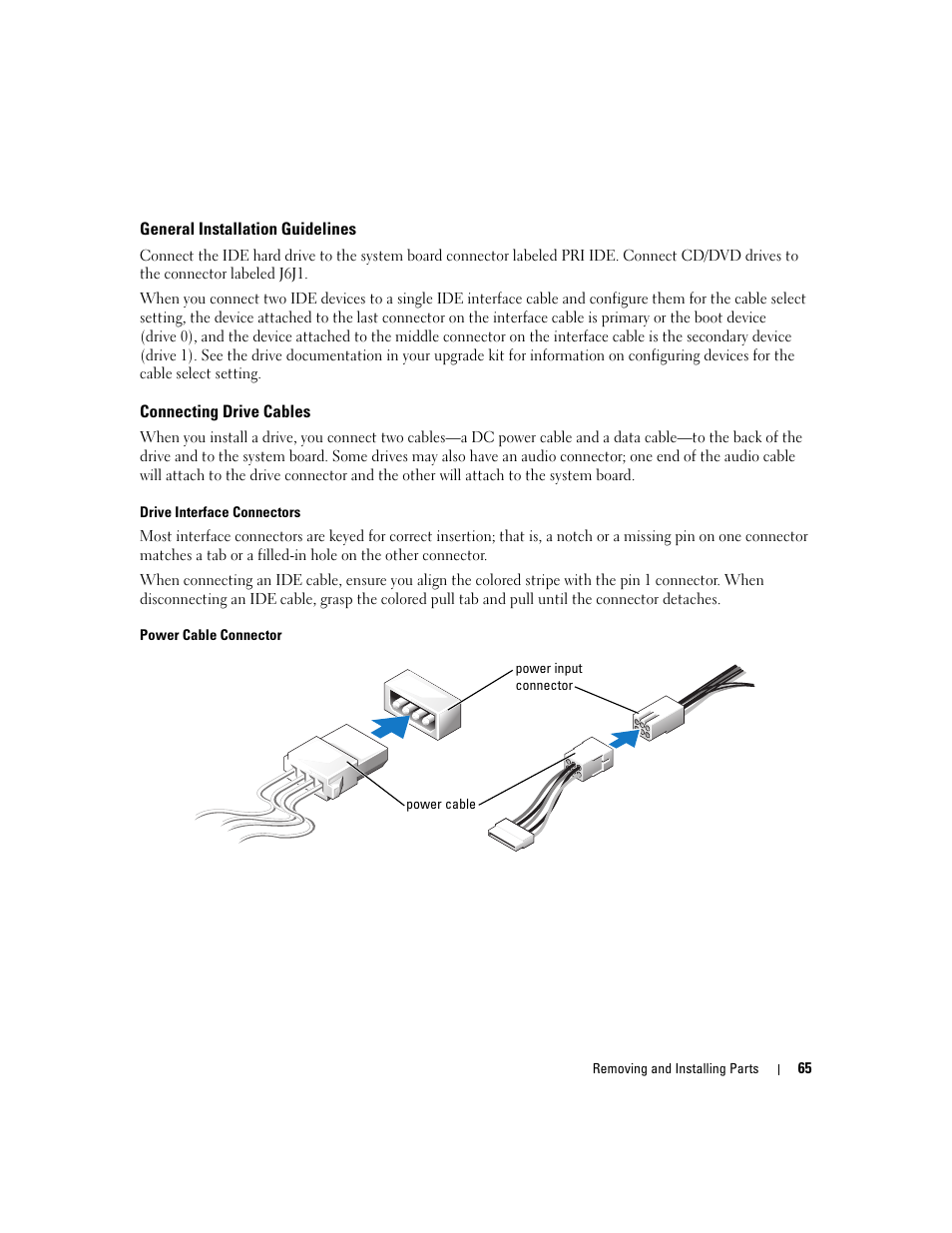 General installation guidelines, Connecting drive cables | Dell Dimension 1100/B110 User Manual | Page 65 / 116