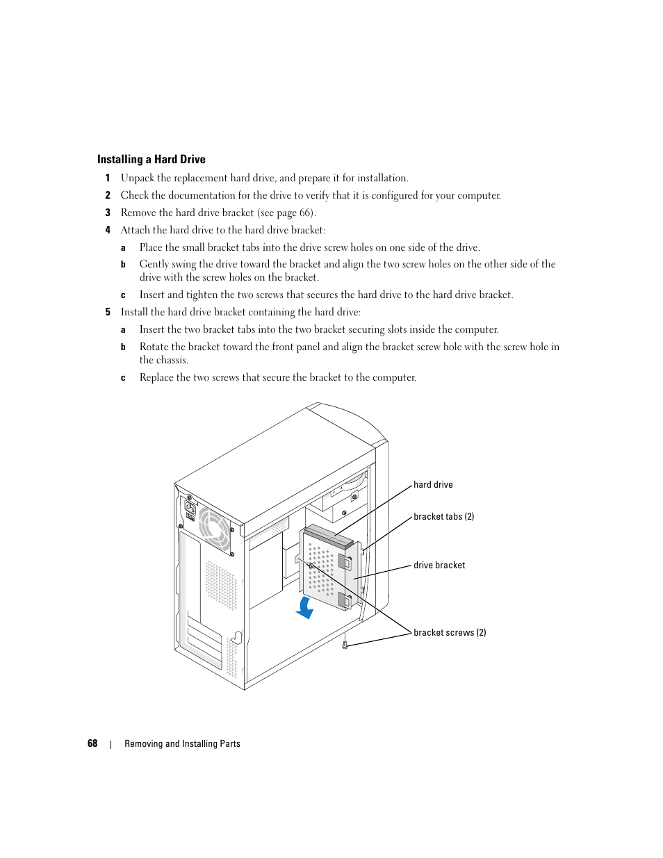 Installing a hard drive | Dell Dimension 1100/B110 User Manual | Page 68 / 116