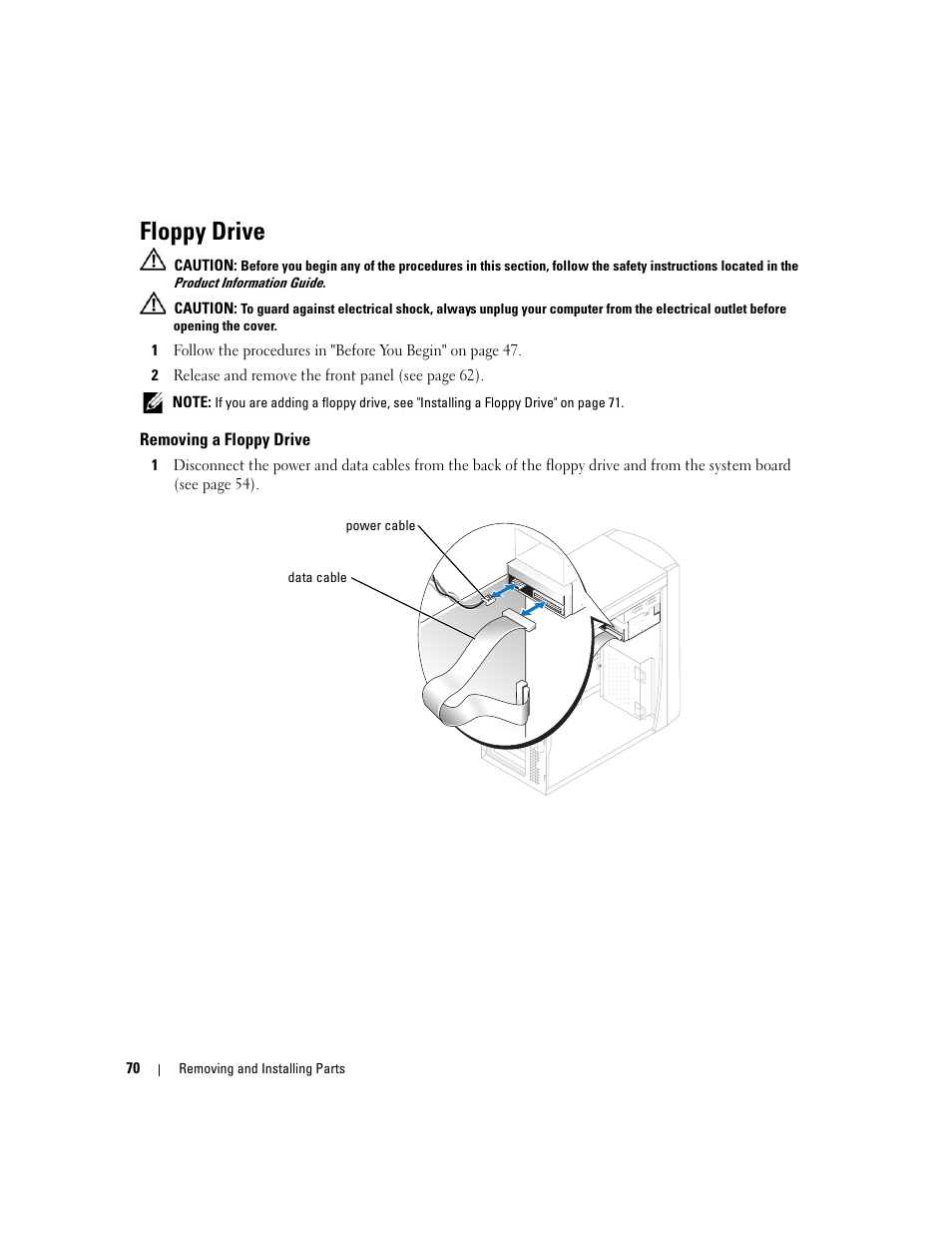 Floppy drive, Removing a floppy drive | Dell Dimension 1100/B110 User Manual | Page 70 / 116