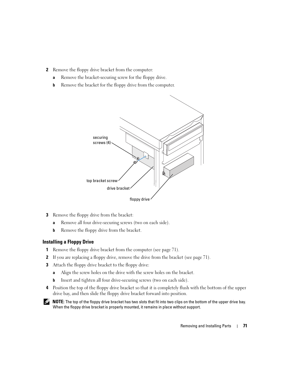 Installing a floppy drive | Dell Dimension 1100/B110 User Manual | Page 71 / 116
