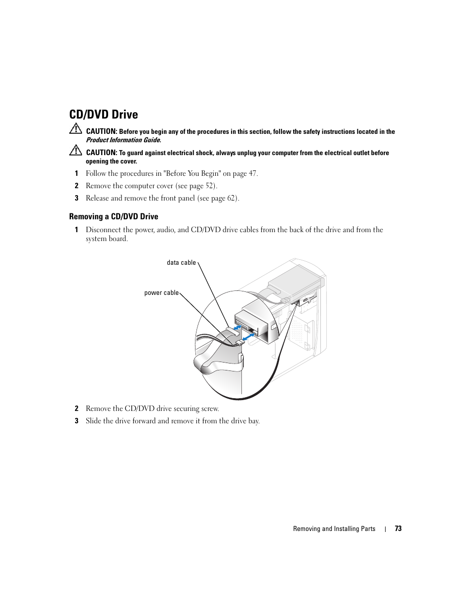 Cd/dvd drive, Removing a cd/dvd drive | Dell Dimension 1100/B110 User Manual | Page 73 / 116