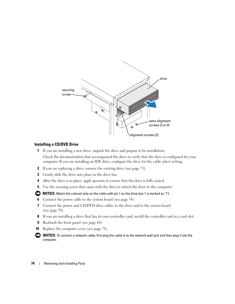 Installing a cd/dvd drive | Dell Dimension 1100/B110 User Manual | Page 74 / 116