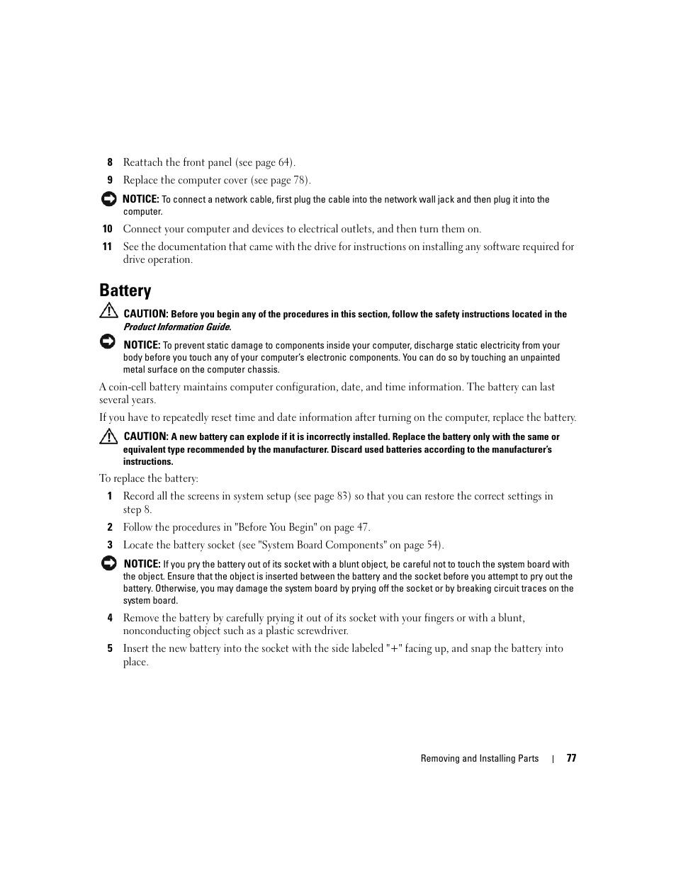 Battery | Dell Dimension 1100/B110 User Manual | Page 77 / 116