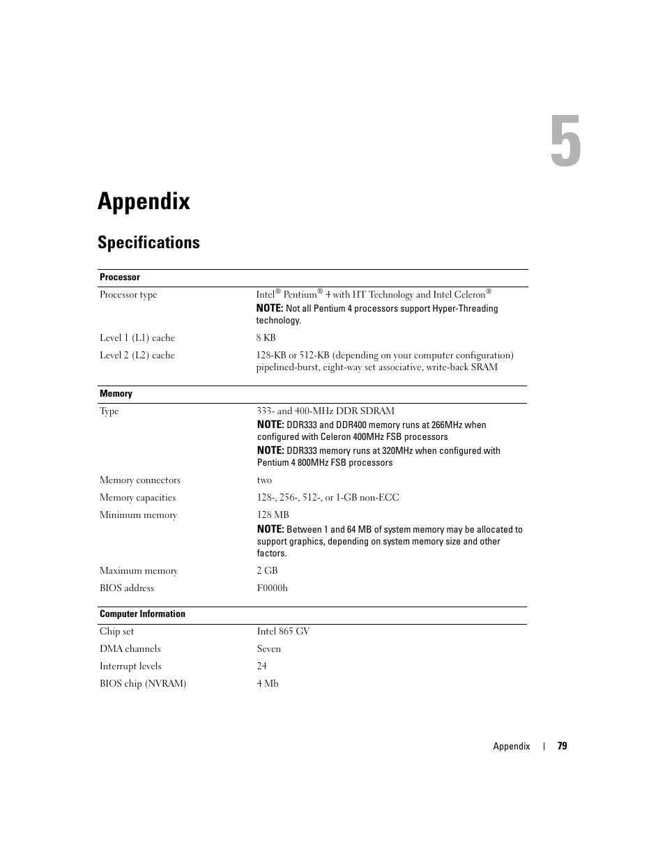 Appendix, Specifications | Dell Dimension 1100/B110 User Manual | Page 79 / 116