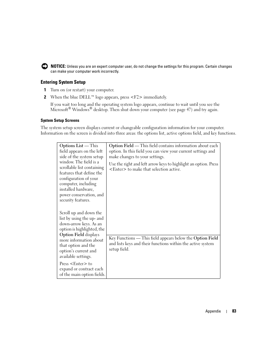 Entering system setup | Dell Dimension 1100/B110 User Manual | Page 83 / 116