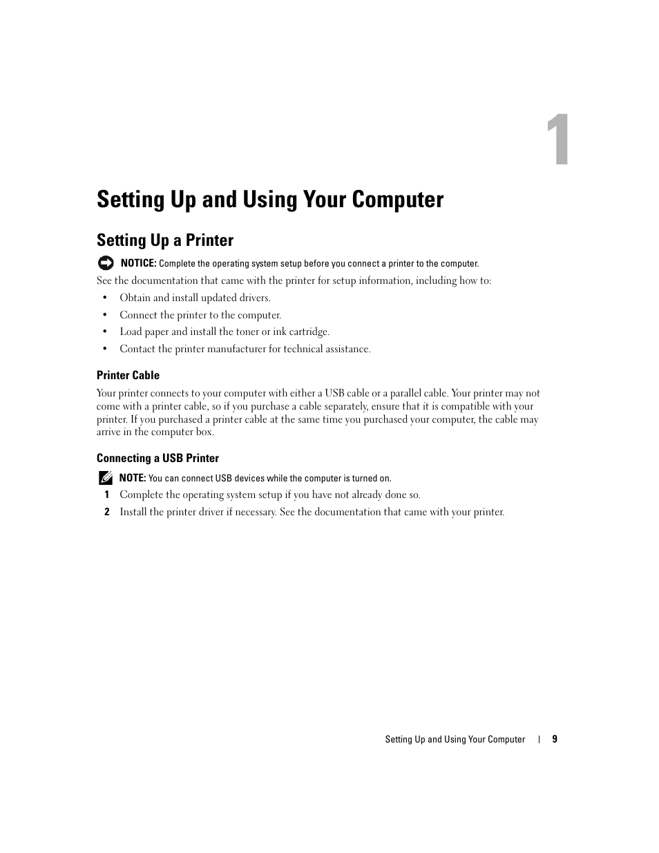 Setting up and using your computer, Setting up a printer, Printer cable | Connecting a usb printer | Dell Dimension 1100/B110 User Manual | Page 9 / 116