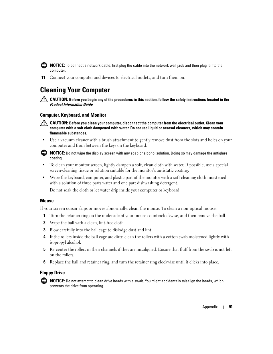 Cleaning your computer, Computer, keyboard, and monitor, Mouse | Floppy drive | Dell Dimension 1100/B110 User Manual | Page 91 / 116