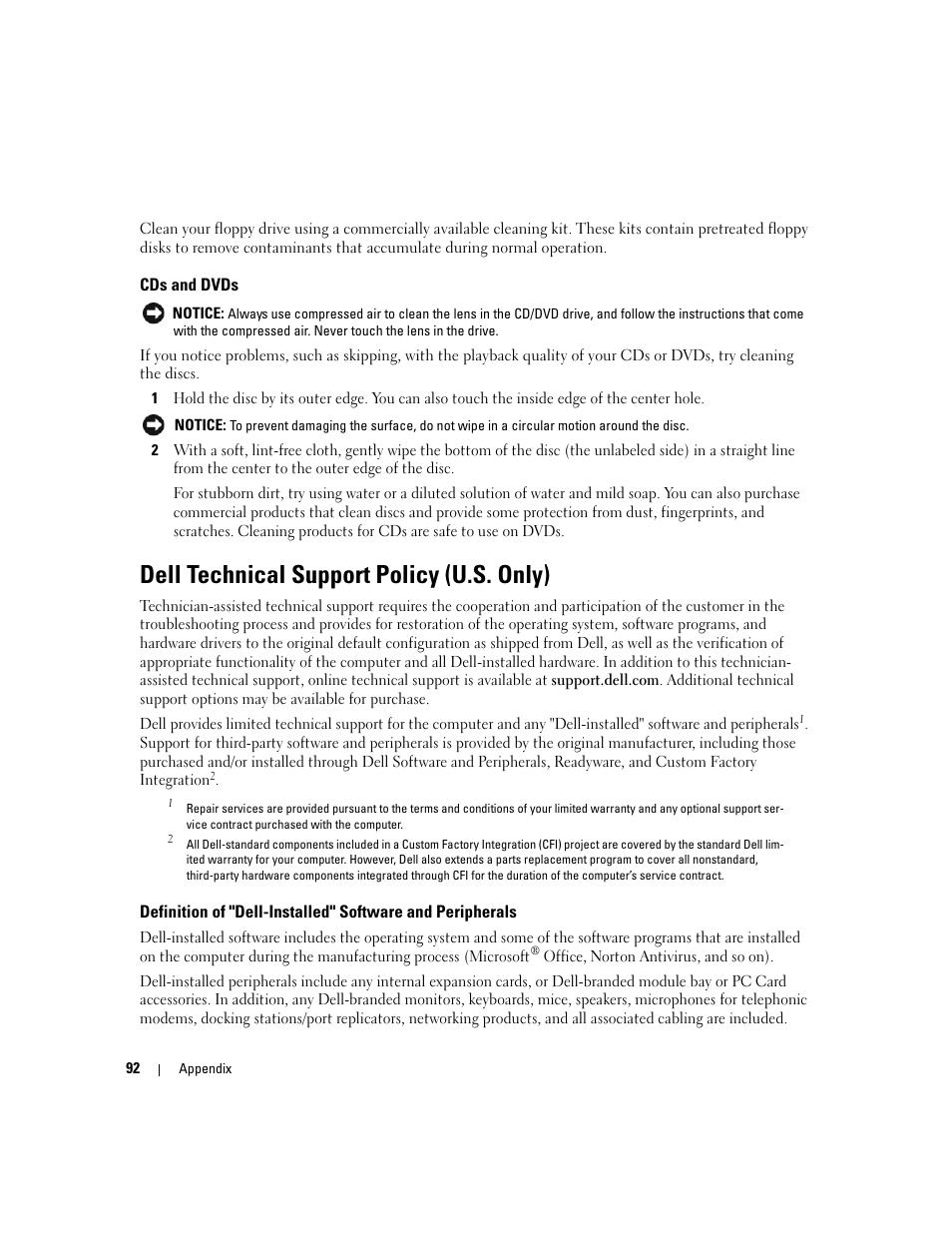 Cds and dvds, Dell technical support policy (u.s. only) | Dell Dimension 1100/B110 User Manual | Page 92 / 116
