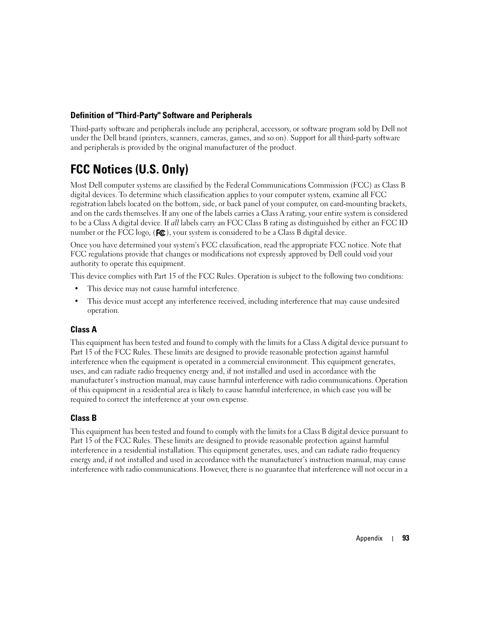 Fcc notices (u.s. only), Class a, Class b | Dell Dimension 1100/B110 User Manual | Page 93 / 116