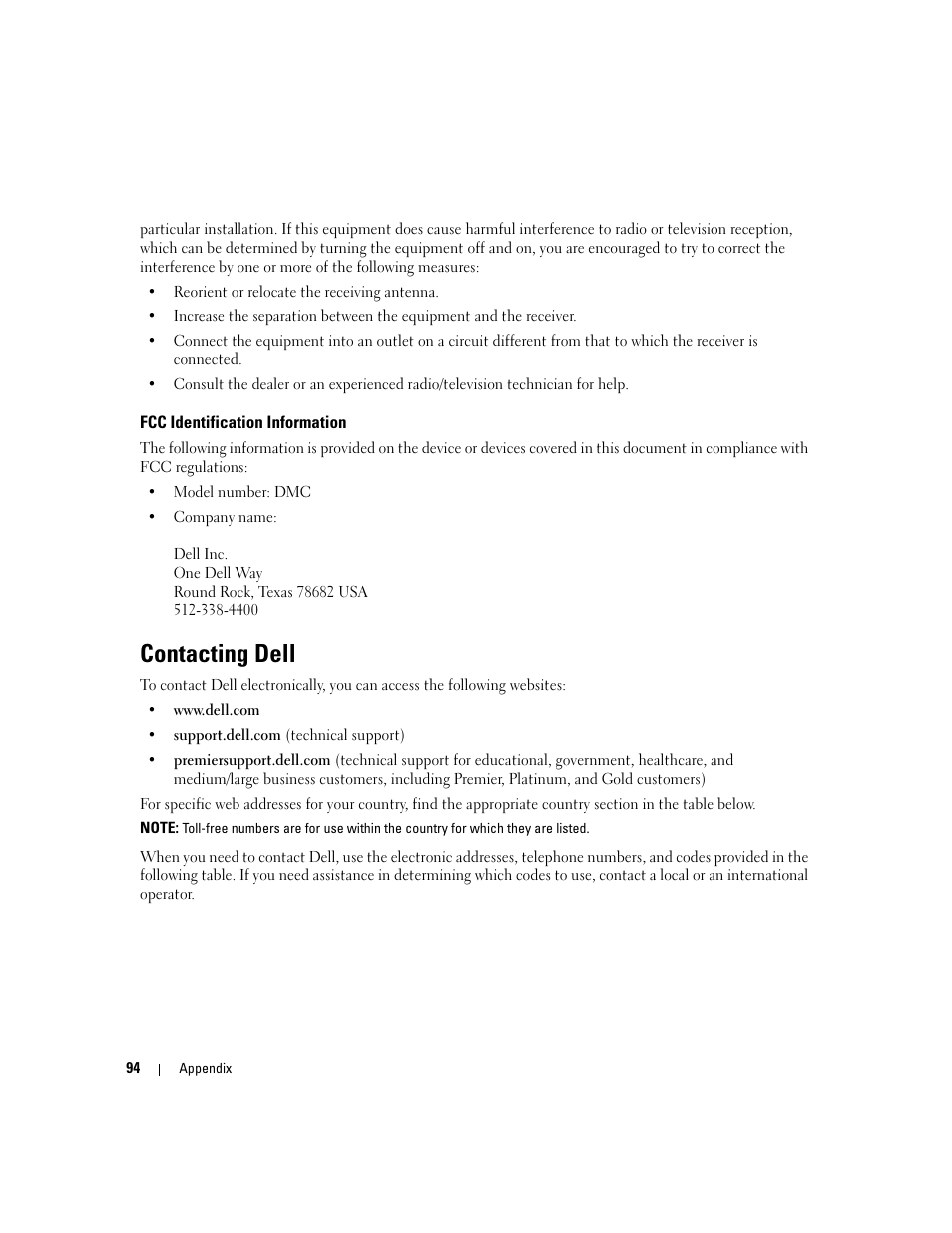 Fcc identification information, Contacting dell | Dell Dimension 1100/B110 User Manual | Page 94 / 116